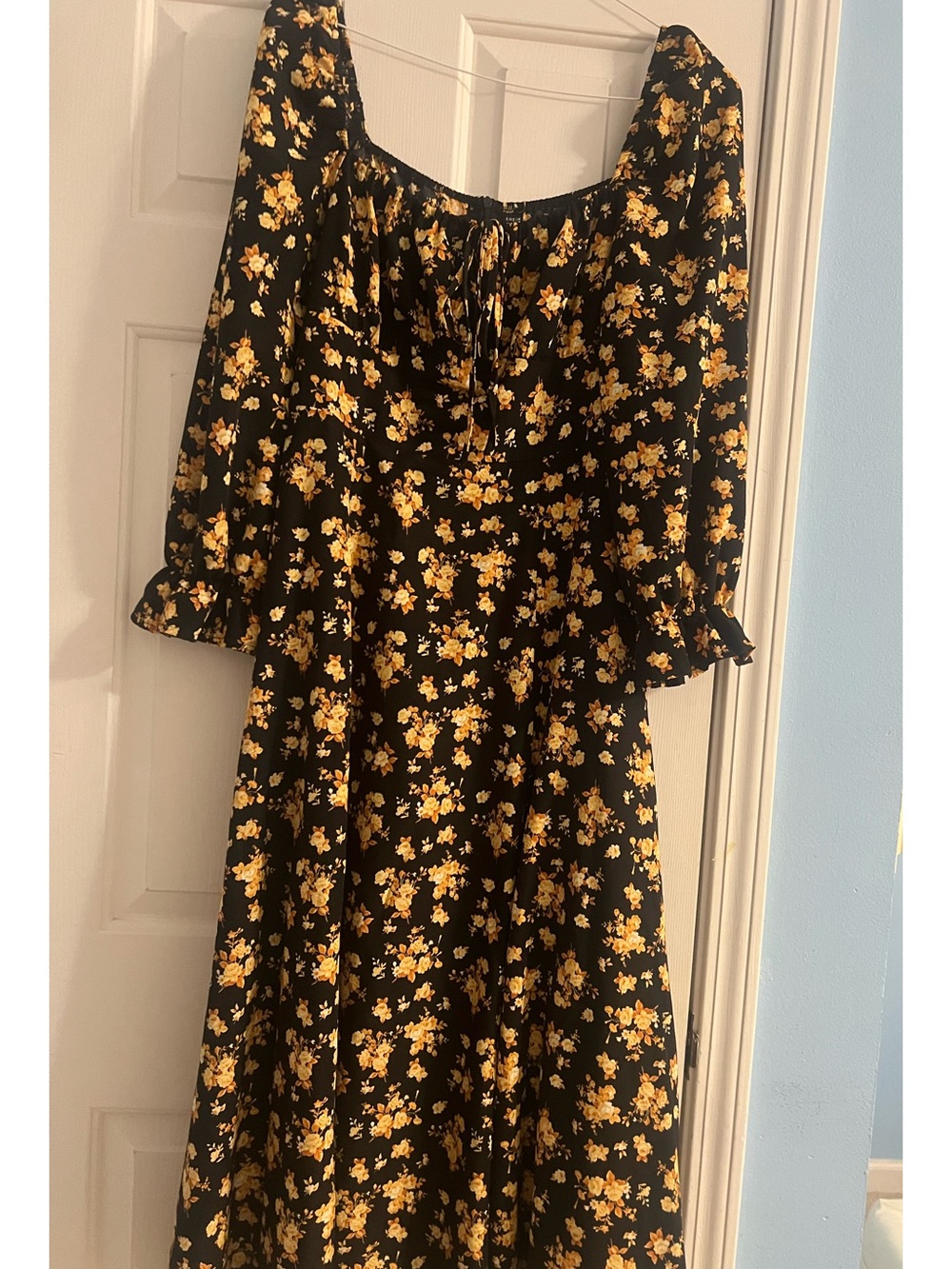 SHEIN Black Midi Dress with Yellow Floral Print